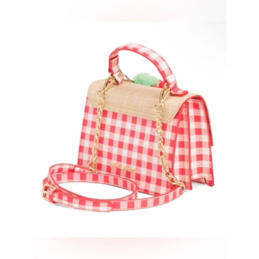 Betsey Johnson Strawberry Gingham Satchel Crossbody Bag Purse w/ Faux Fur Charm
